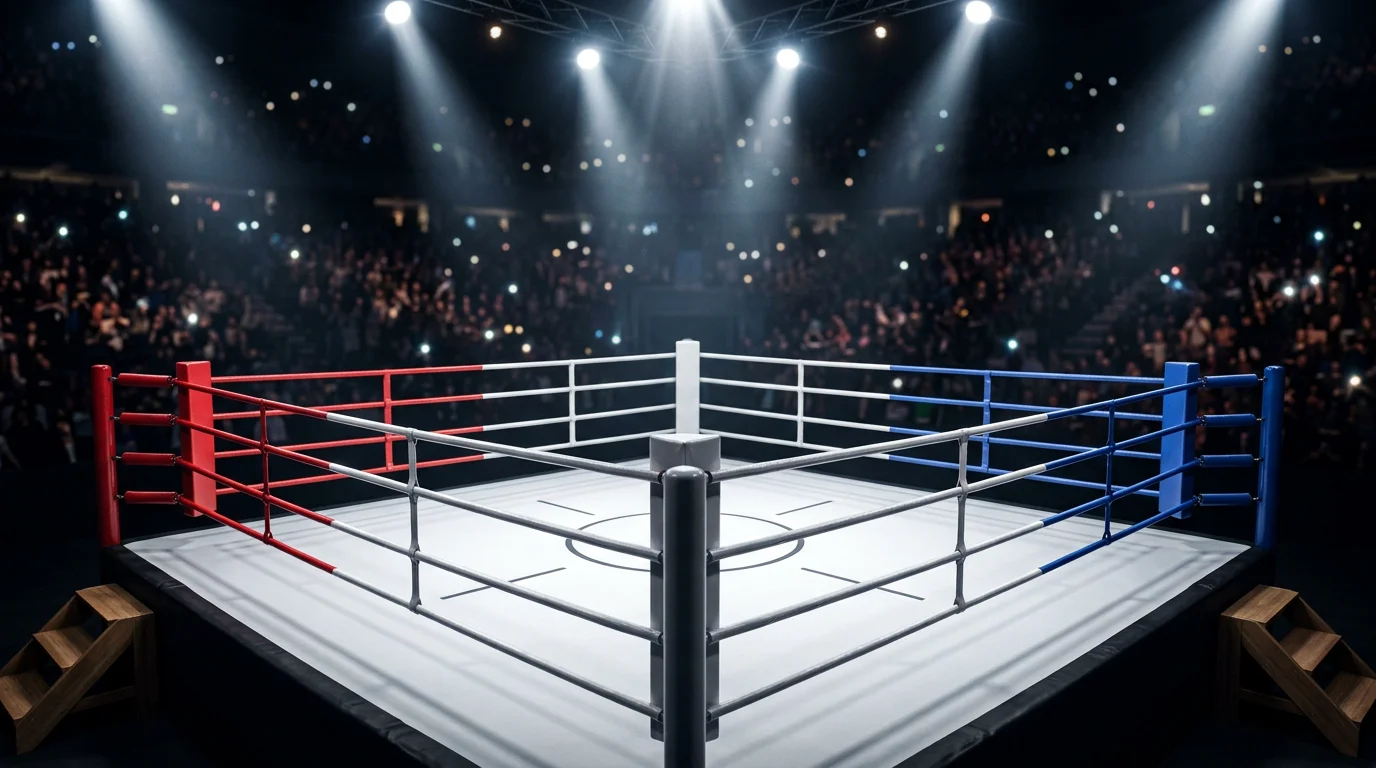 Ring de boxeo profesional iluminado durante una velada de campeonato mundial